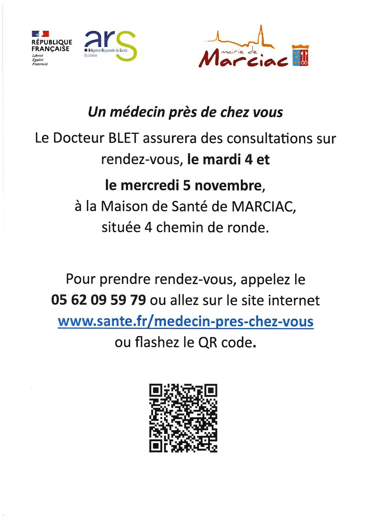 Consultations médicales les 4 et 5 novembre à la Maison de Santé de Marciac