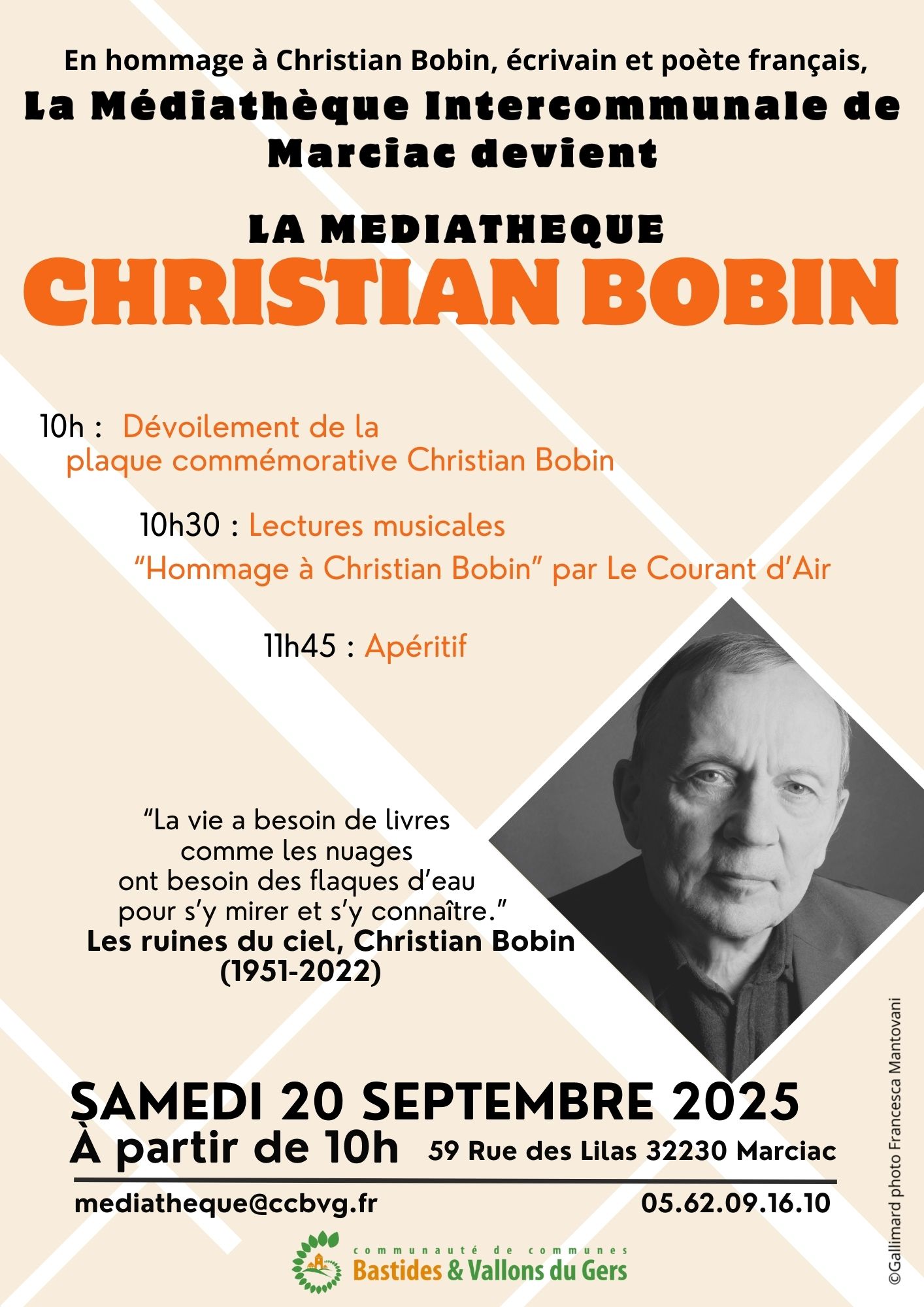 Le 20 septembre 2025, la médiathèque intercommunale de Marciac devient la médiathèque Christian Bobin