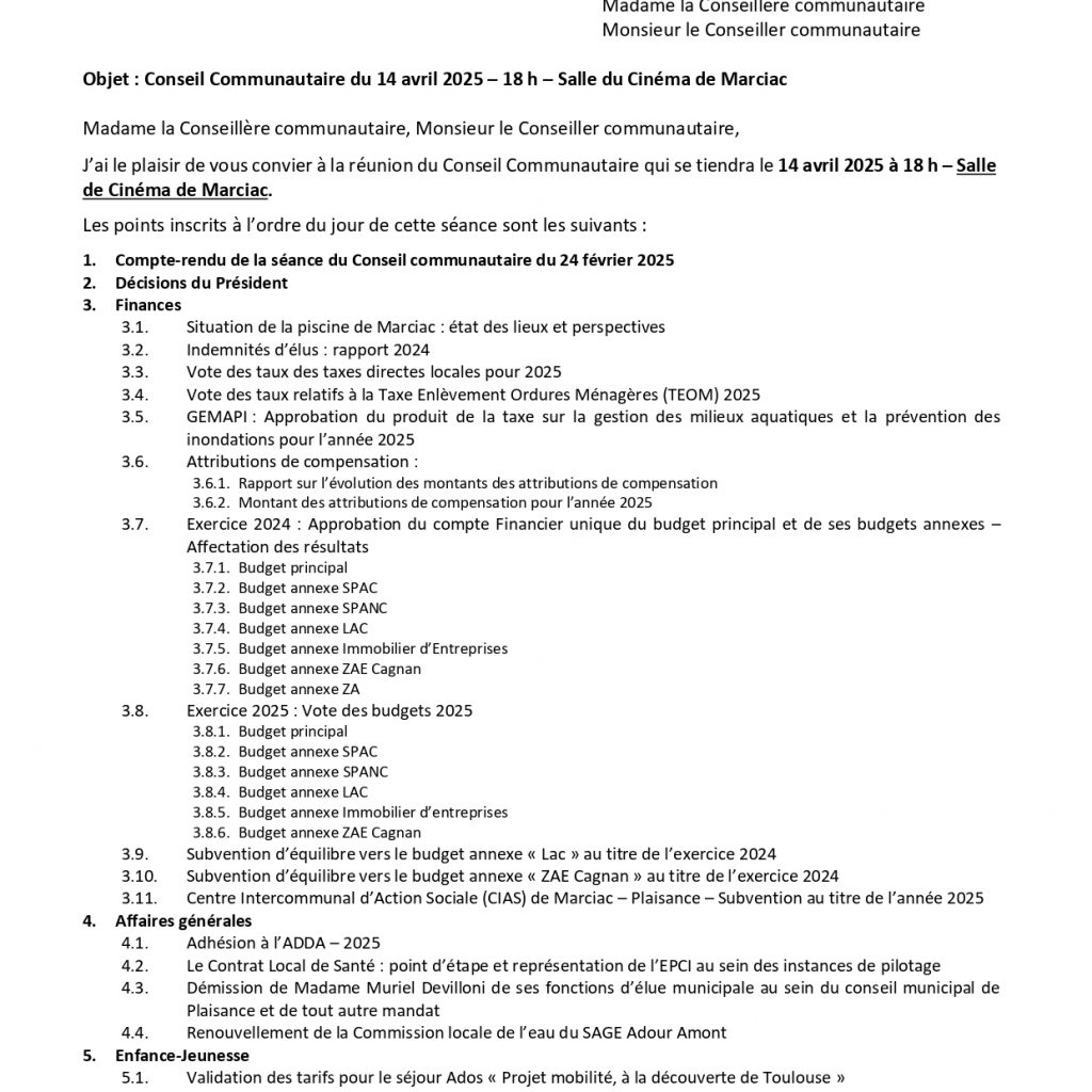 Convocation conseil communautaire du 14 avril 2025- 18h