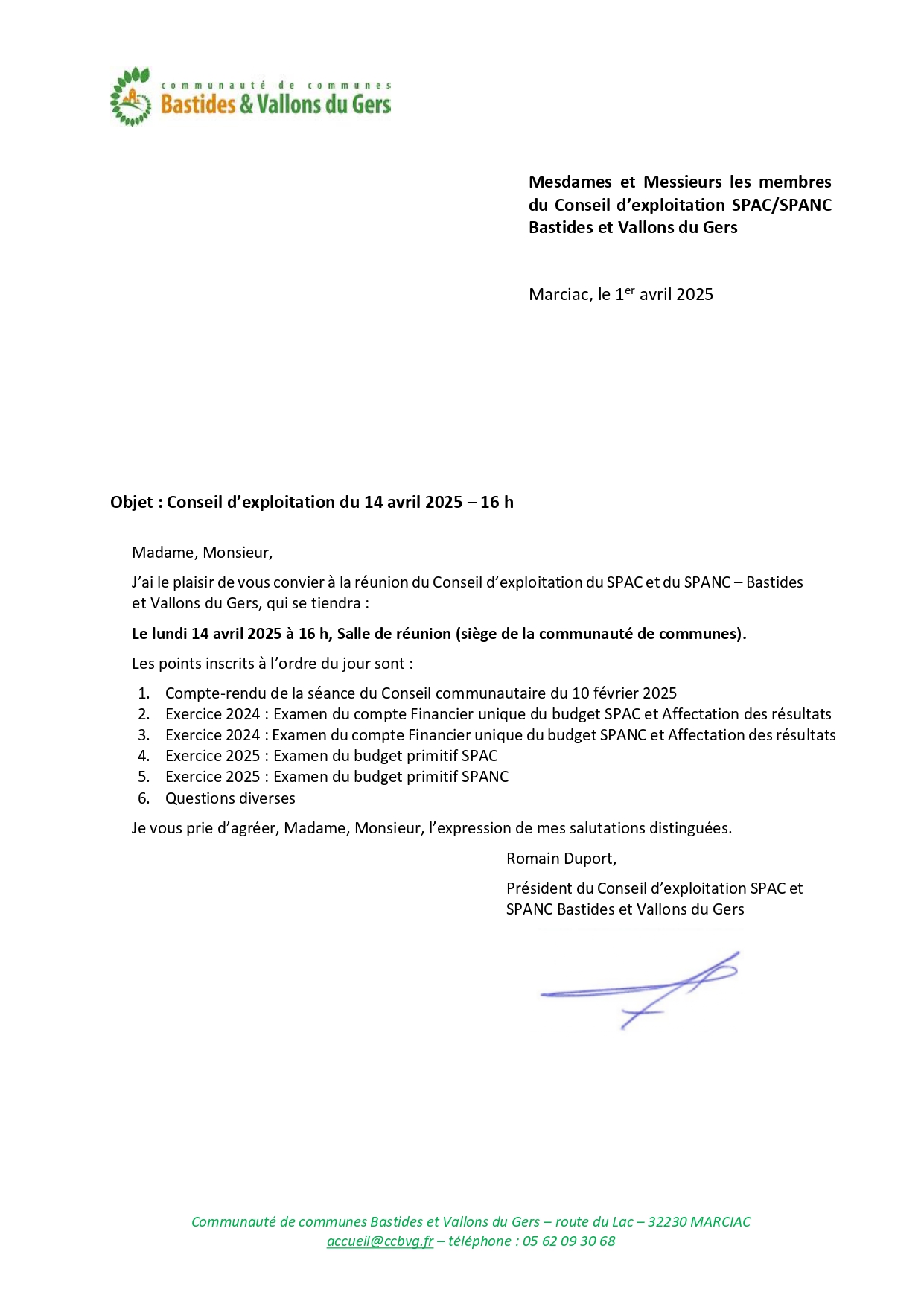 Convocation au Conseil d&rsquo;exploitation du 14 avril 2025-16h