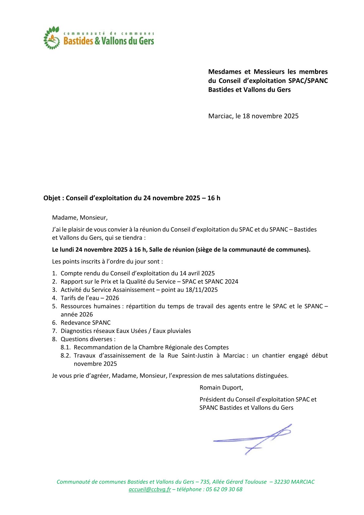 Invitation au Conseil d&rsquo;exploitation du SPAC et du SPANC le 24 novembre 2025