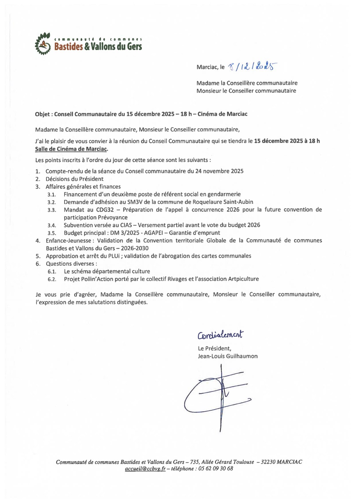Convocation au Conseil Communautaire du 15 décembre 2025 à 18h
