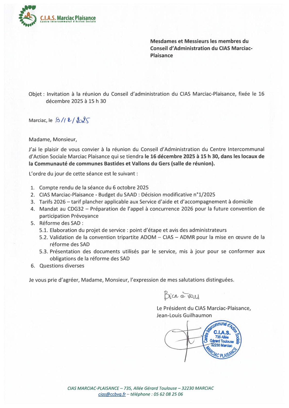 Invitation à la réunion du Conseil d&rsquo;administration du CIAS Marciac-Plaisance le 16 décembre 2025 à 15h30