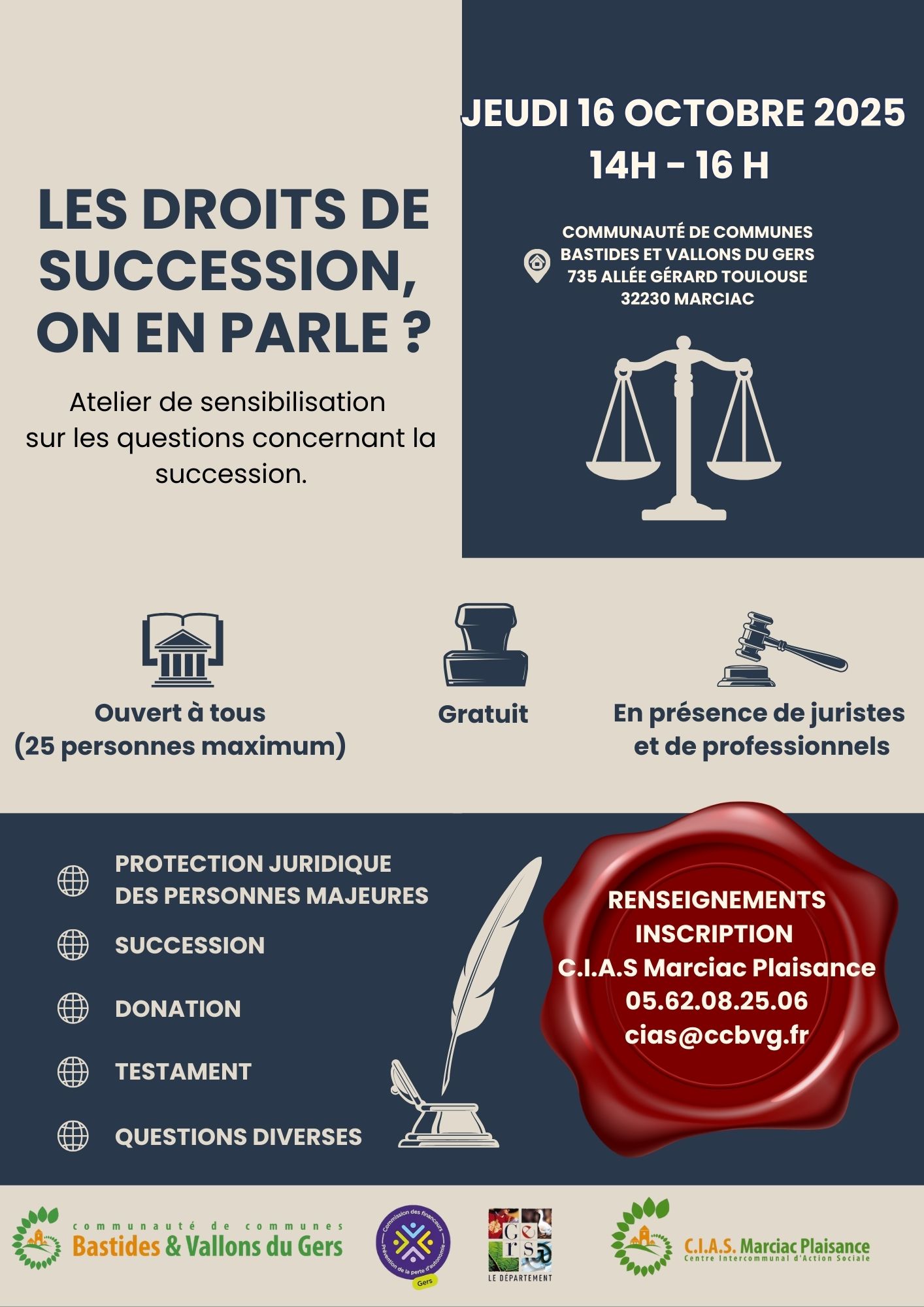 Les droits de succession : atelier jeudi 16 octobre 2025 de 14h à 16h