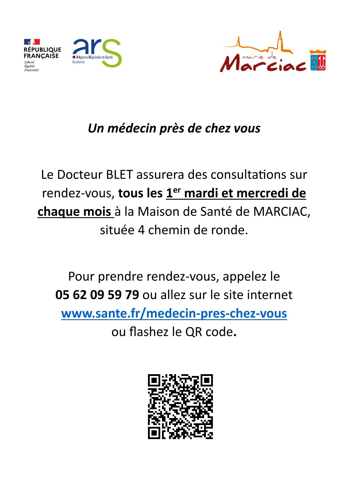 Consultations médicales sur rendez-vous tous les 1er mardi et mercredi de chaque mois