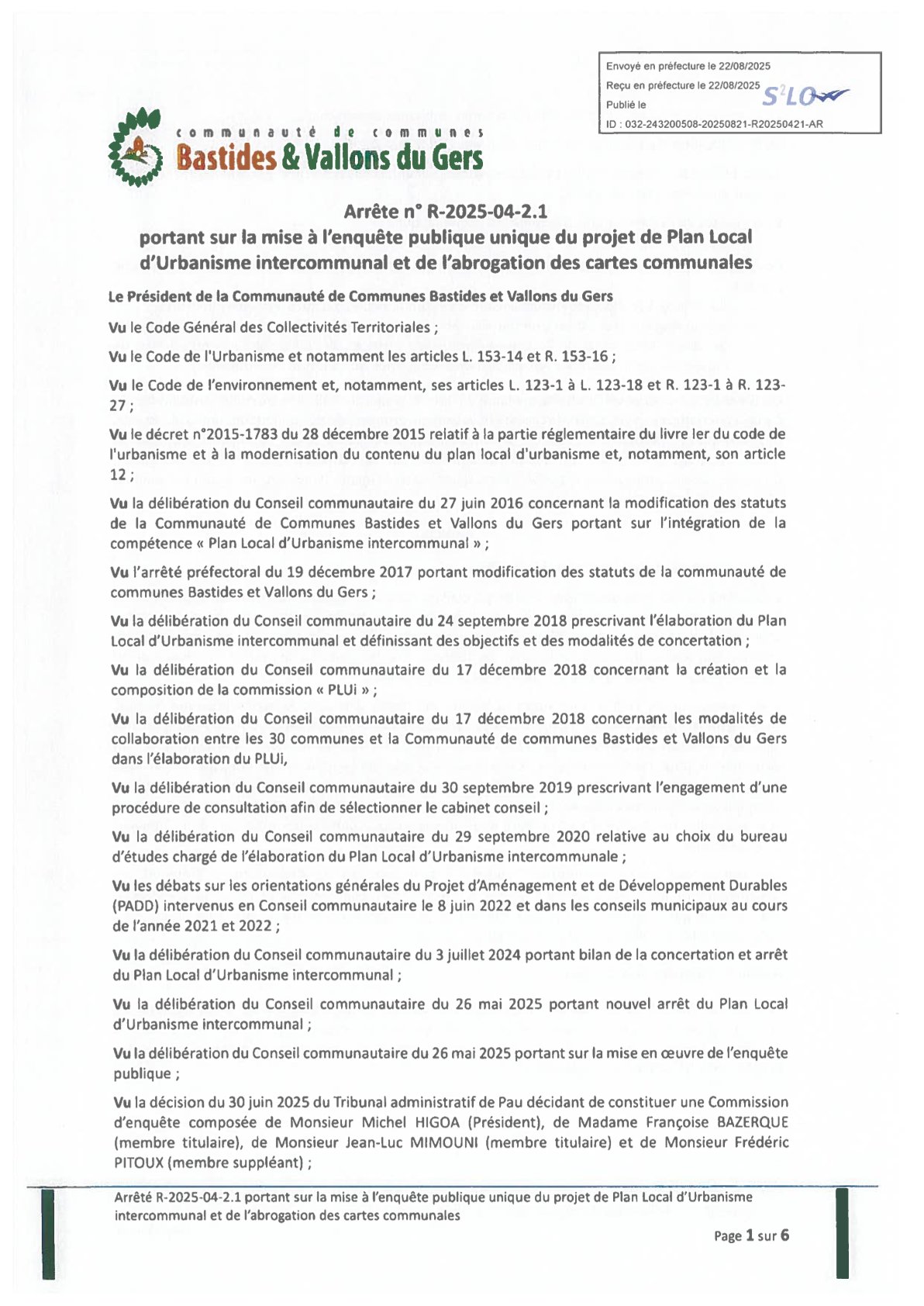 Arrêté portant sur la mise à l&rsquo;enquête publique du projet de PLUi et de l&rsquo;abrogation des cartes communales