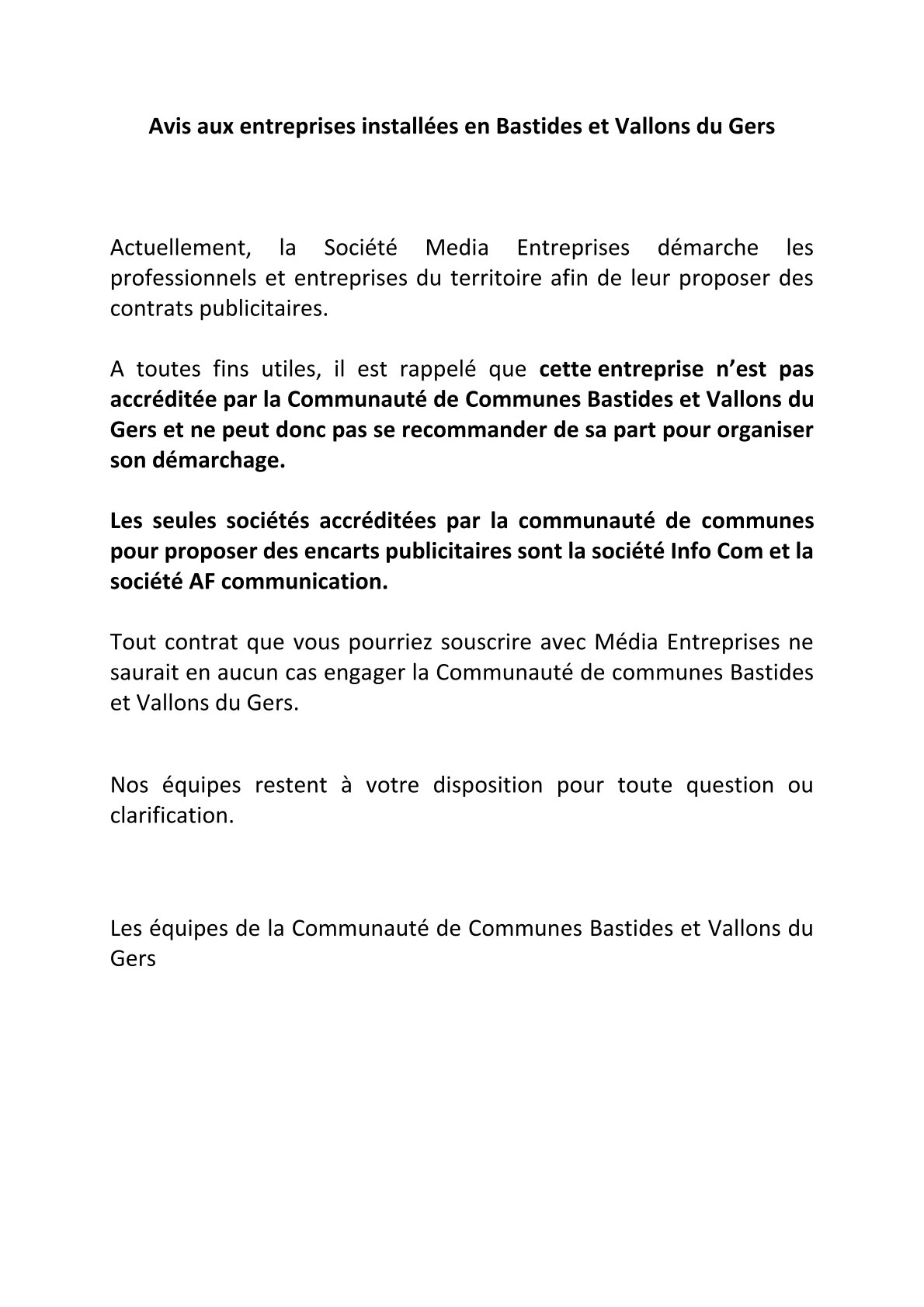 A l&rsquo;attention des entreprises installées dans la Communauté de Communes Bastides et Vallons du Gers