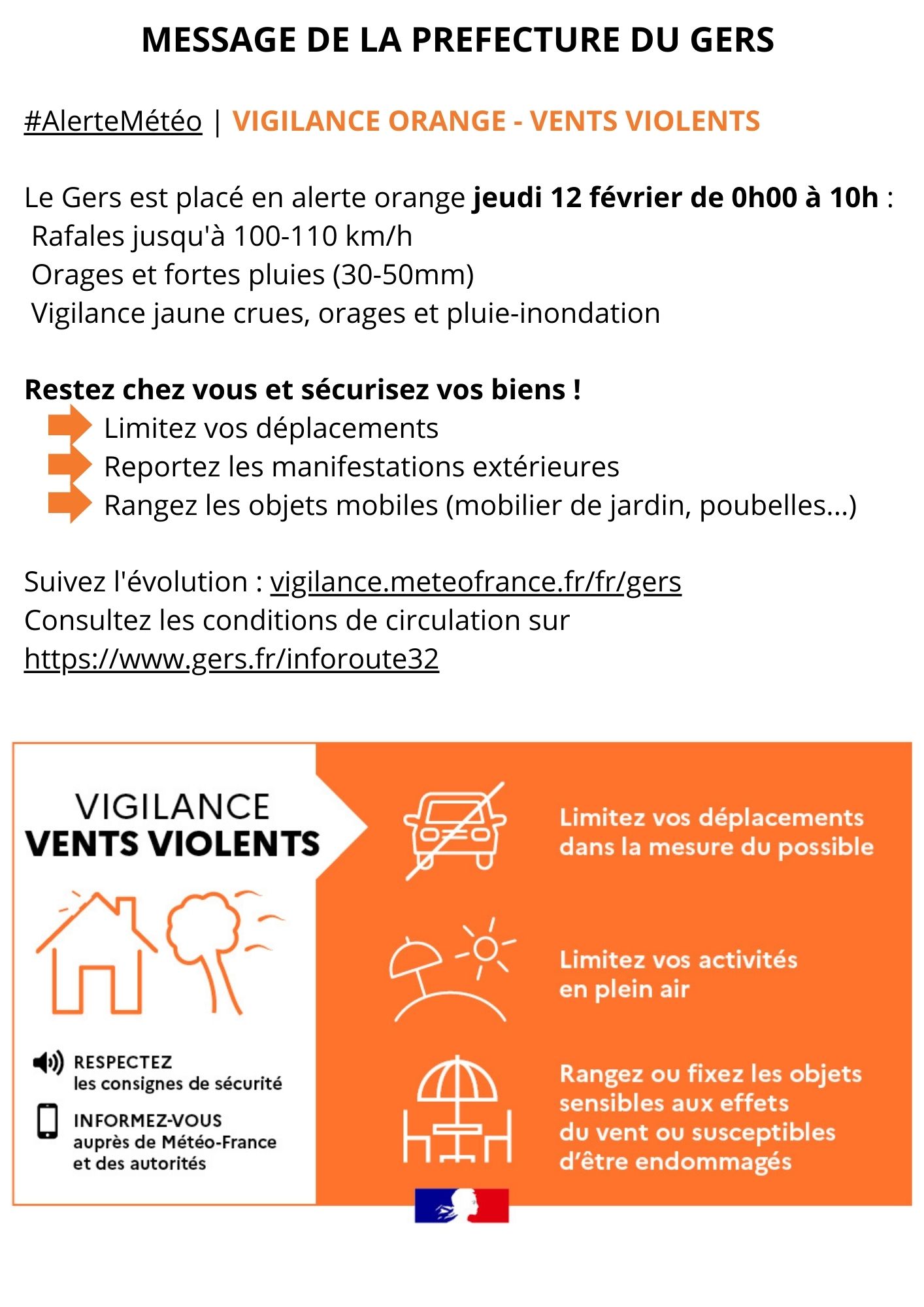 Vigilance orange – vents violents : le Gers placé en alerte jeudi 12 février 2026 de 00h à 10h