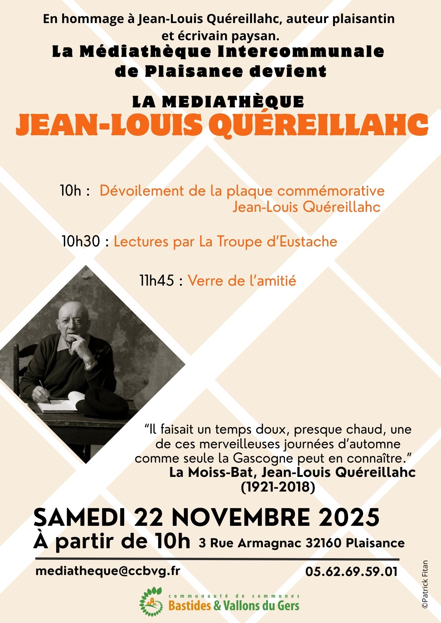 La médiathèque intercommunale de Plaisance devient la médiathèque Jea-Louis Quéreillahc le 22 novembre 2025