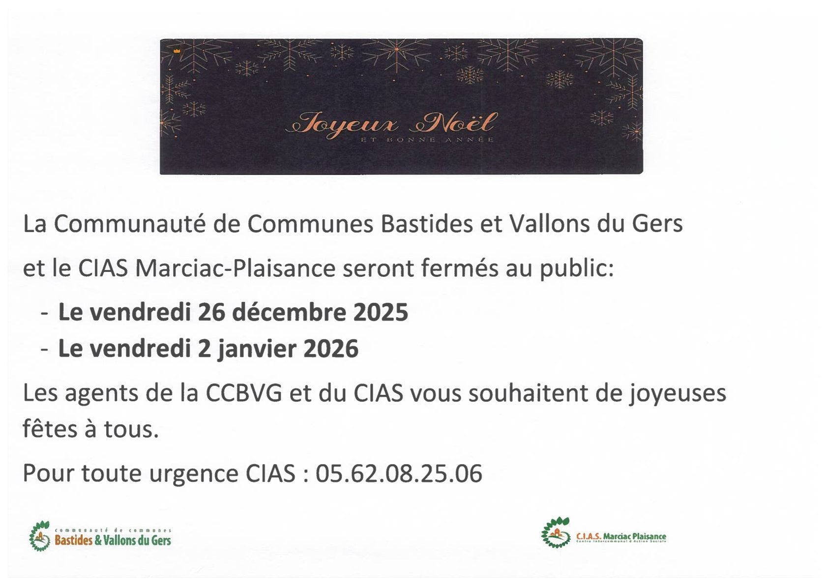 Fermeture des locaux de la Communauté de Communes Bastides et Vallons du Gers