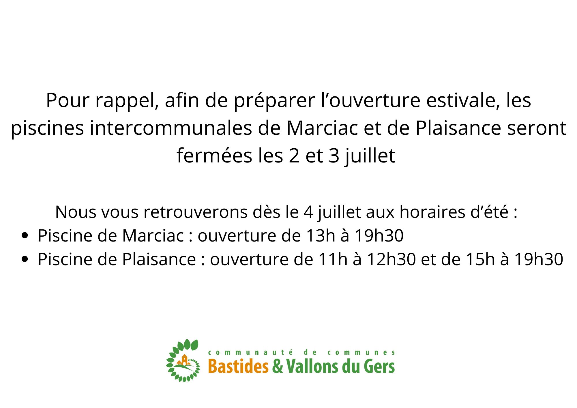 Rappel : fermeture des piscines intercommunales de Marciac et de Plaisance les 2 et 3 juillet 2026