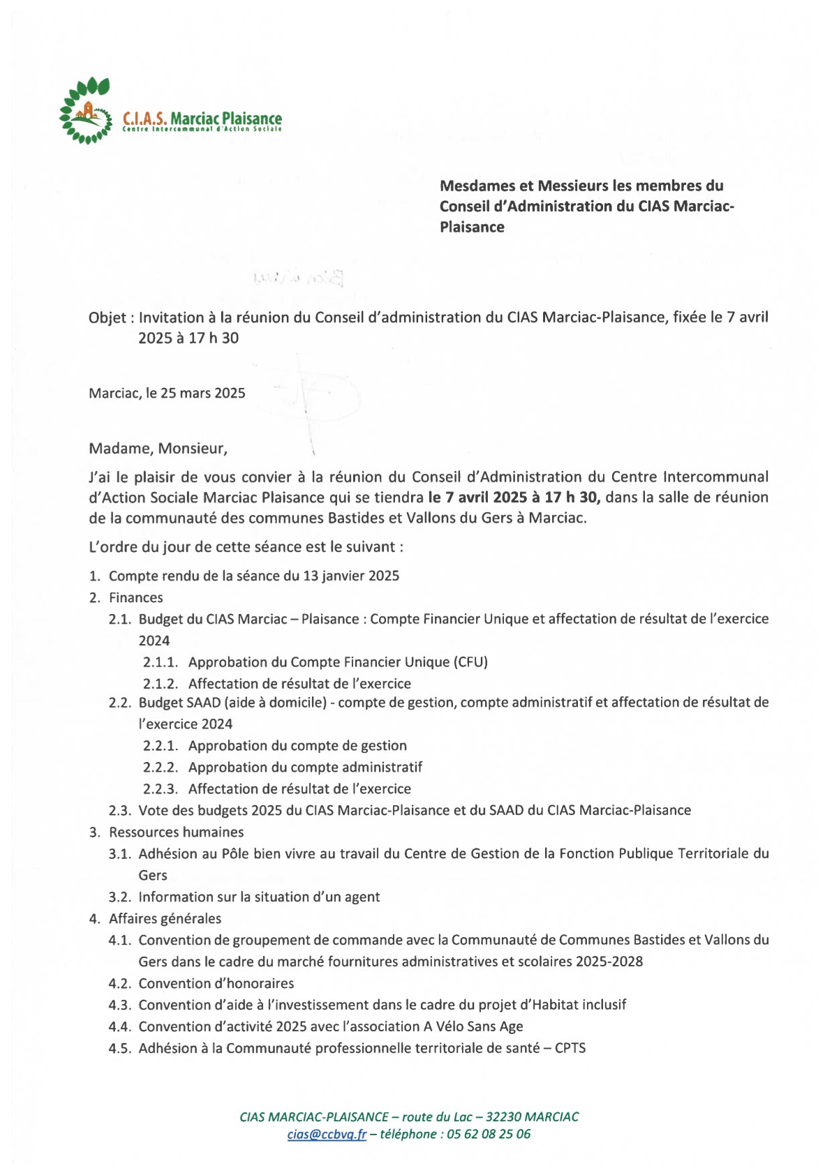 Invitation au Conseil d&rsquo;administration du CIAS