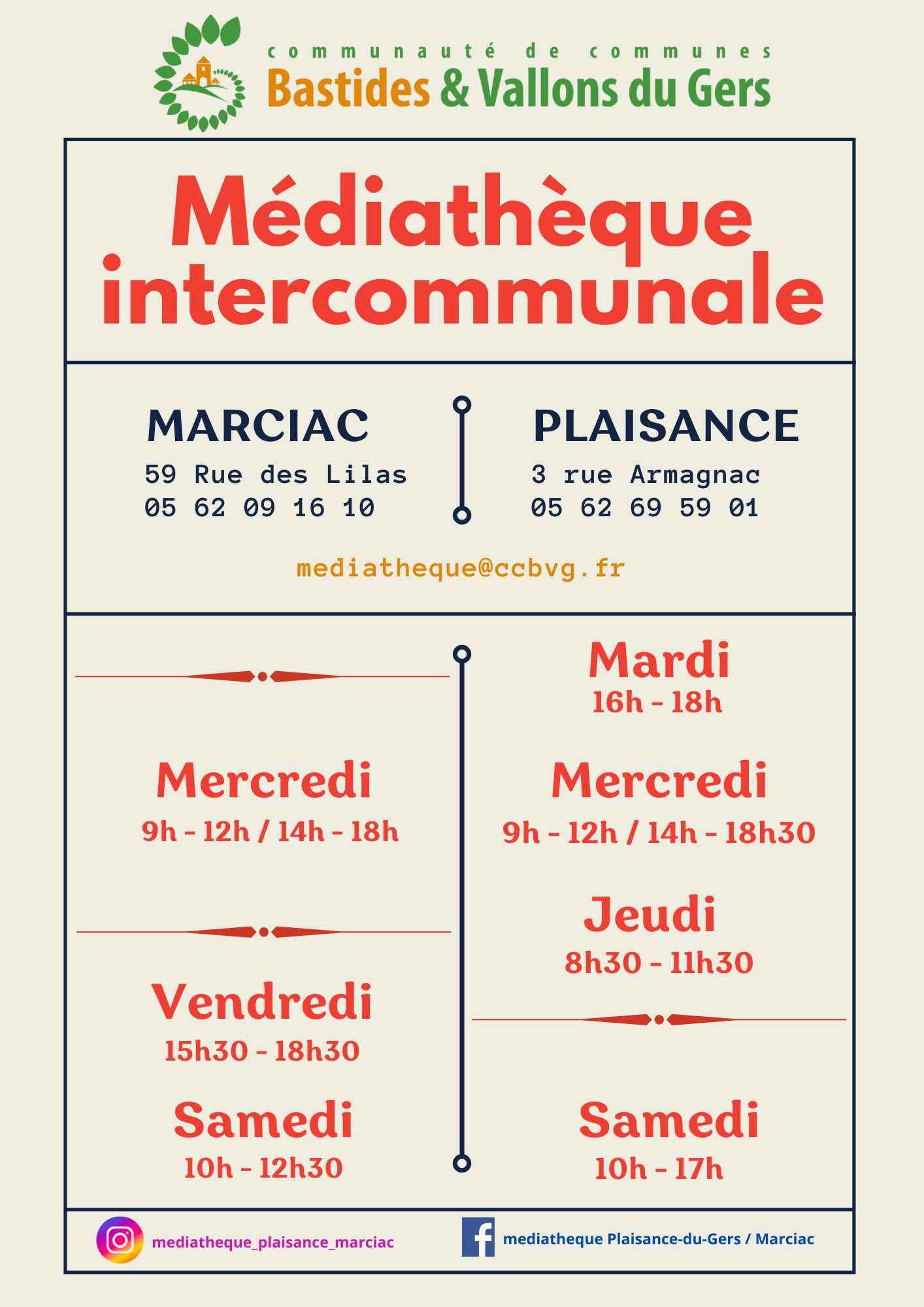 Horaires d&rsquo;ouverture – Médiathèque intercommunale