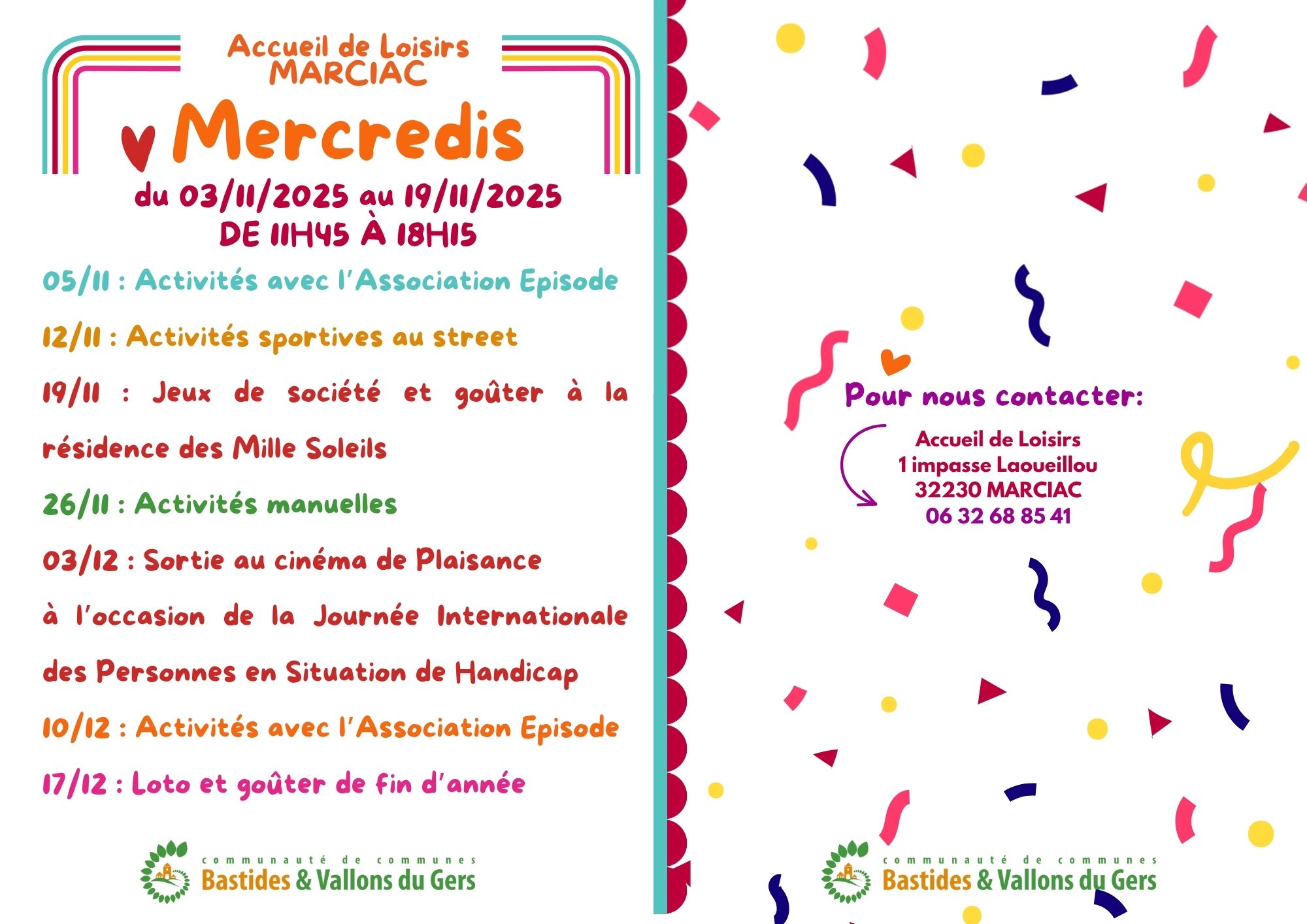 Mercredis de l&rsquo;ALSH de Marciac : programme de novembre à décembre