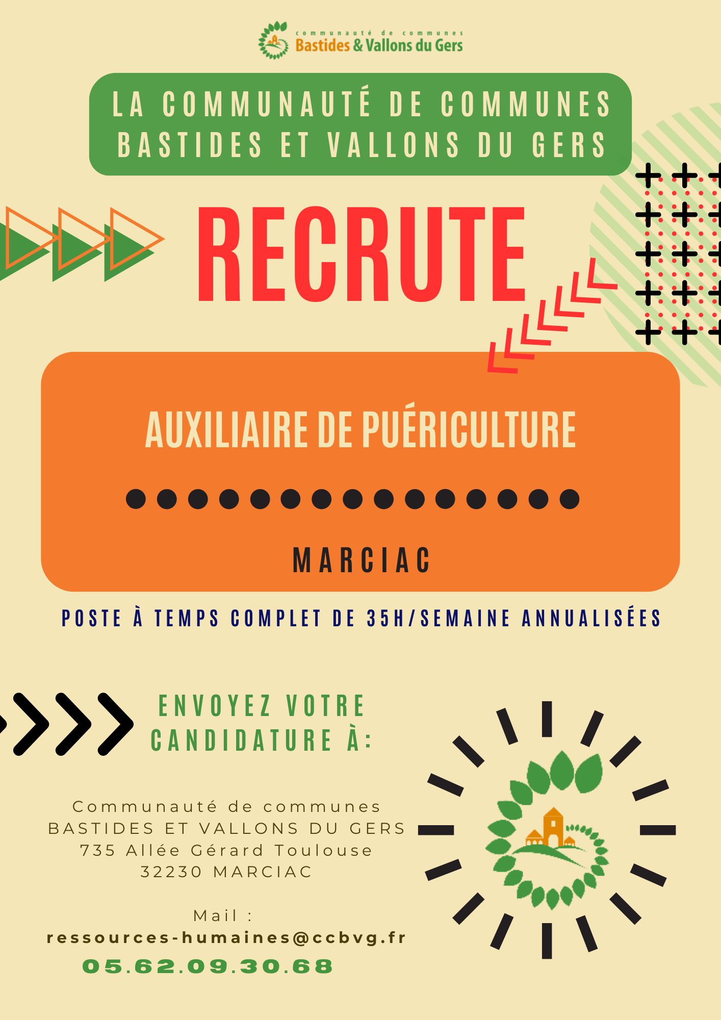 La Communauté de Communes Bastides et Vallons du Gers recrute une/un auxiliaire de puériculture