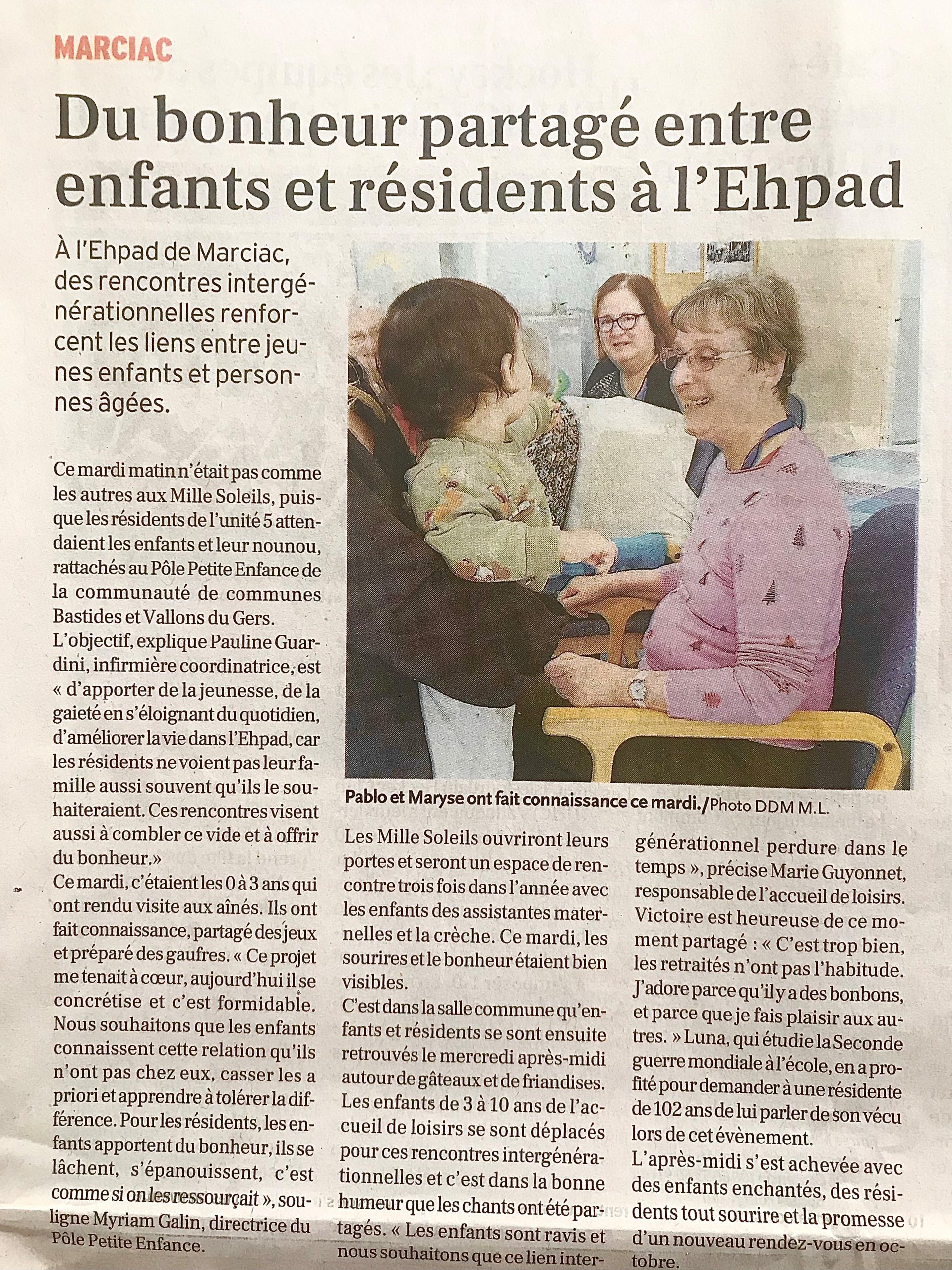 Article La Dépêche : rencontre intergénérationnelle aux Mille Soleils
